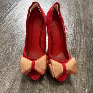 Bailing Li Ren Red Suede Platform Heels with Glitter Bow Pumps‎ Women Size 5.5